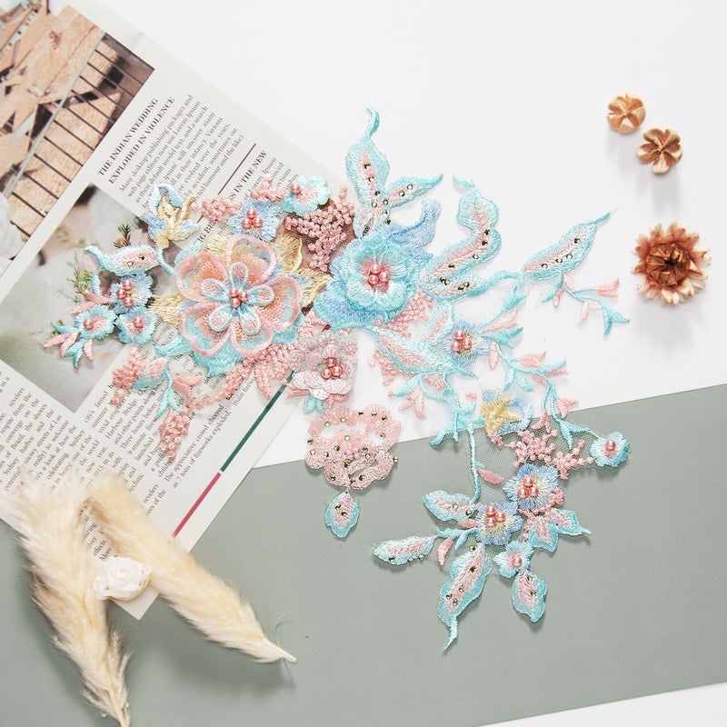 Silvora Colorful Flower Fabric Beaded Lace Applique,3D Embroidered Flower Fabric Patch for Bridal Dress, Handmade Sewing Tool for Wedding DIY Crafts(Blue-2) - Image 3